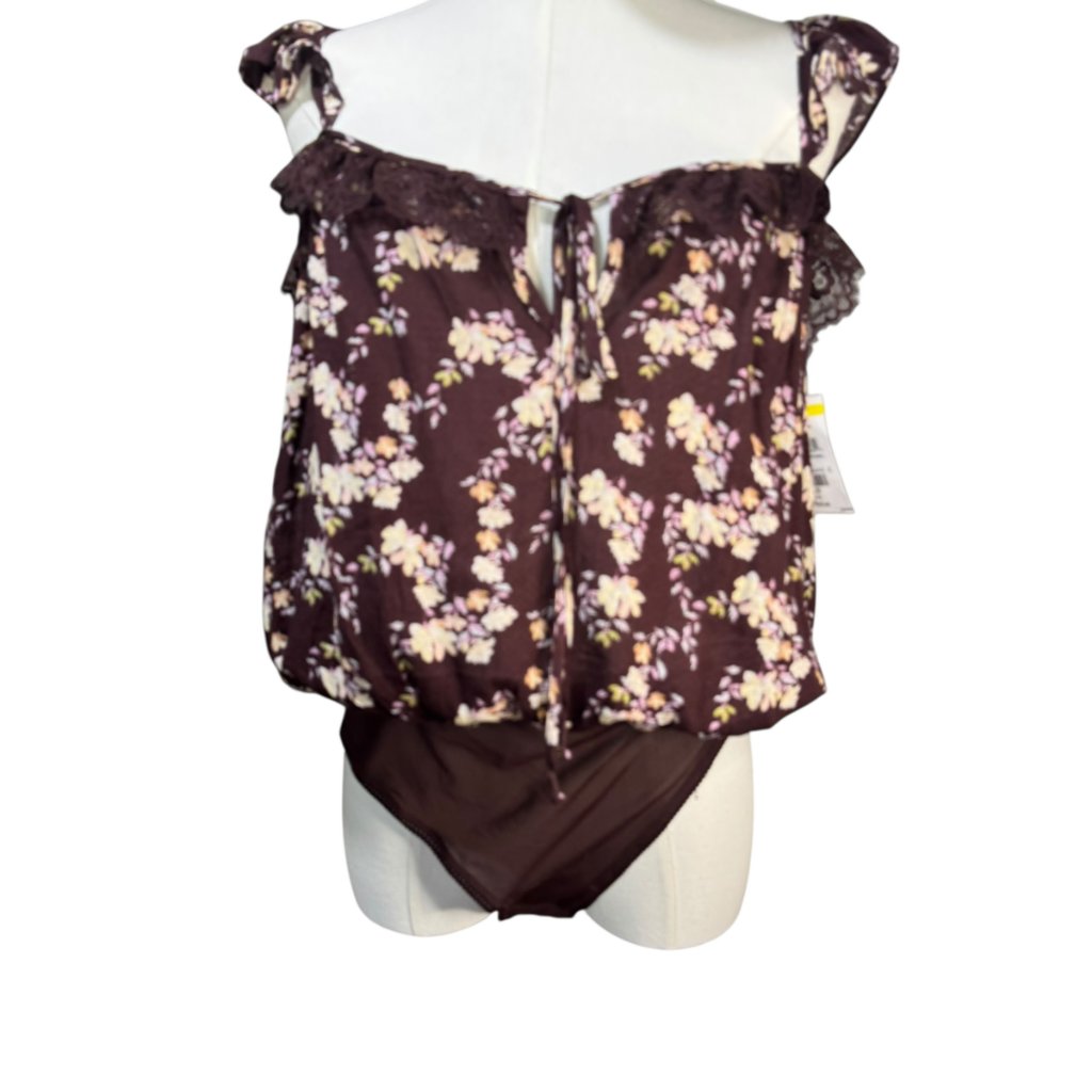 Free People Take It Away Brown Floral Bodysuit Lace Trim Size M (New)